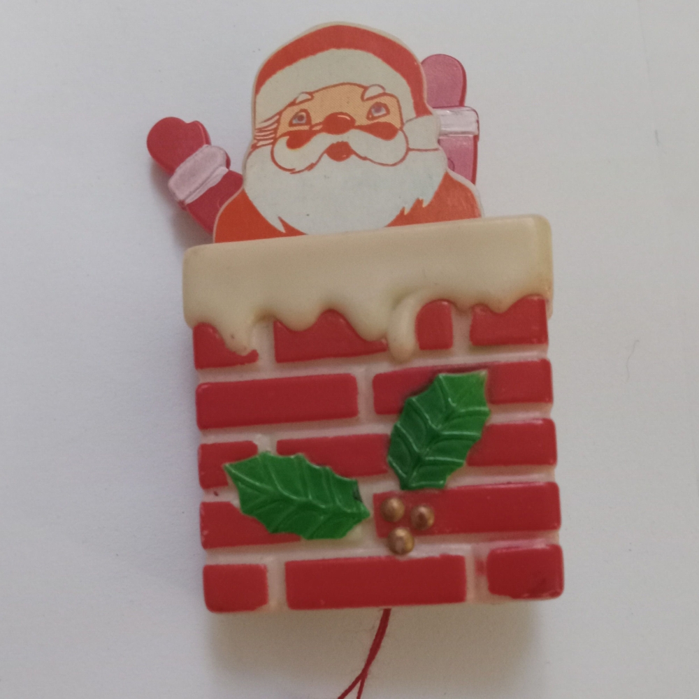 Santa-in-Chimney Red and Green Holiday Brooch